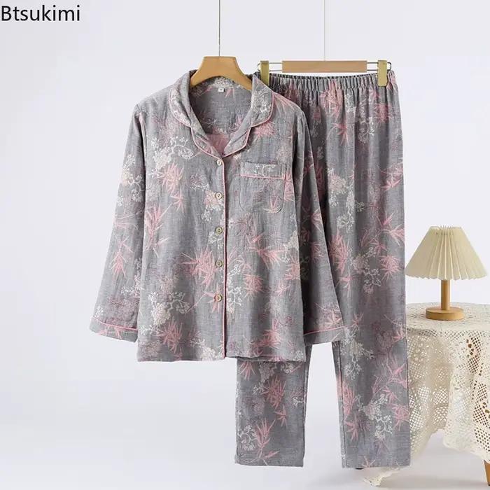 Pyjama rétro à manches longues pour femmes, pantalon en pur coton, Double couche, teint en fil, vêtements de nuit simples, décontractés, amples, vêtements de détente pour dames