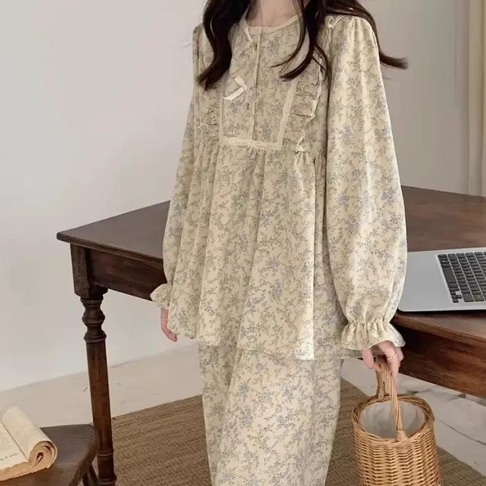 Pyjama grande taille pour femme, style jardin, tenue de nuit et d'intérieur, ensemble deux pièces, version coréenne avec nœud, manches longues pour l'extérieur