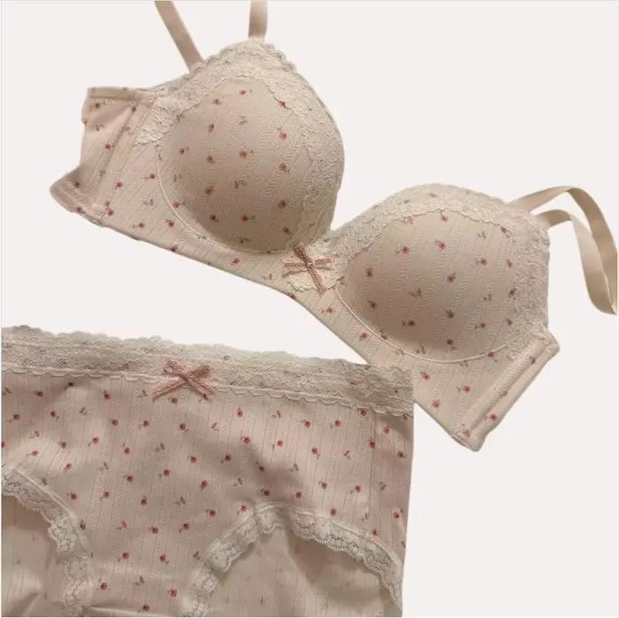 Ensemble de soutien-gorge Floral en dentelle pour adolescents, Sexy, confortable, sans anneau en acier, beauté du dos, petits seins rassemblés, soutien-gorge Anti-affaissement