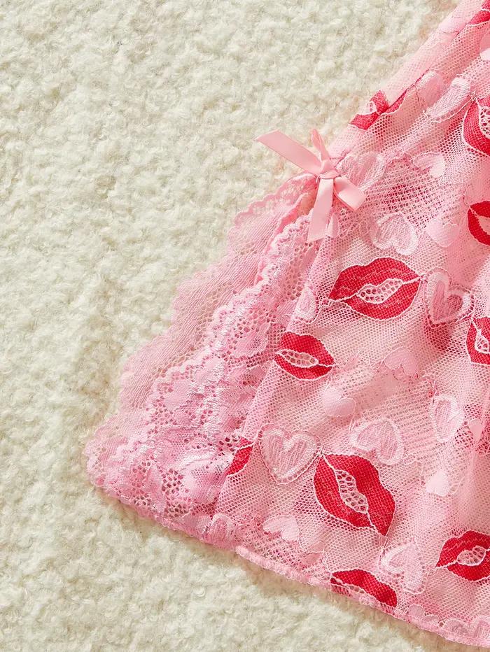 Chemise de nuit rose à imprimé lèvres pour femmes, élégante et confortable, lingerie de nuit avec nœud