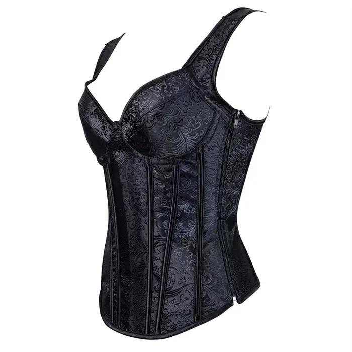 Corset avec Bretelles pour Femme, Noir, Overbust, Floral, Jacquard, Fermeture Éclair, Top, Gothique, Steampunk, Bustier, Grande Taille