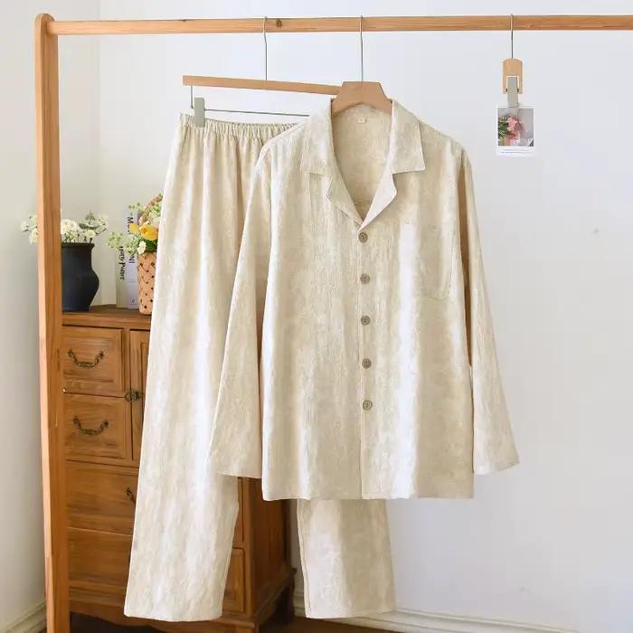 Ensemble de pyjama jacquard pour couples, vêtements de nuit en coton et lin texturé, style minimaliste japonais, ensemble de vêtements de détente 2 pièces pour hommes et femmes