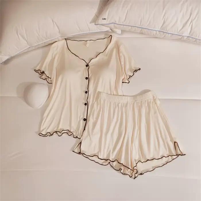 Pyjama à Manches Courtes et Pantalon pour Femme, Ensemble de Vêtements de Nuit, Doux, Modal, avec Coussin de Poitrine, pour la Maison, Nouvelle Collection Printemps Été 2025