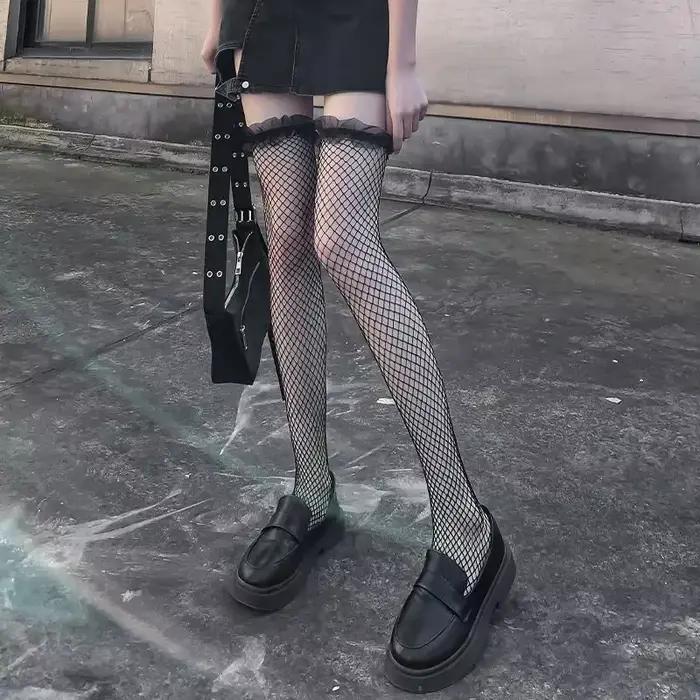 Bas de corps évidés en résille de dentelle sexy pour femmes, cuisse haute sur le genou, chaussettes longues en nylon, bonneterie Anime Lolita, gaze transparente