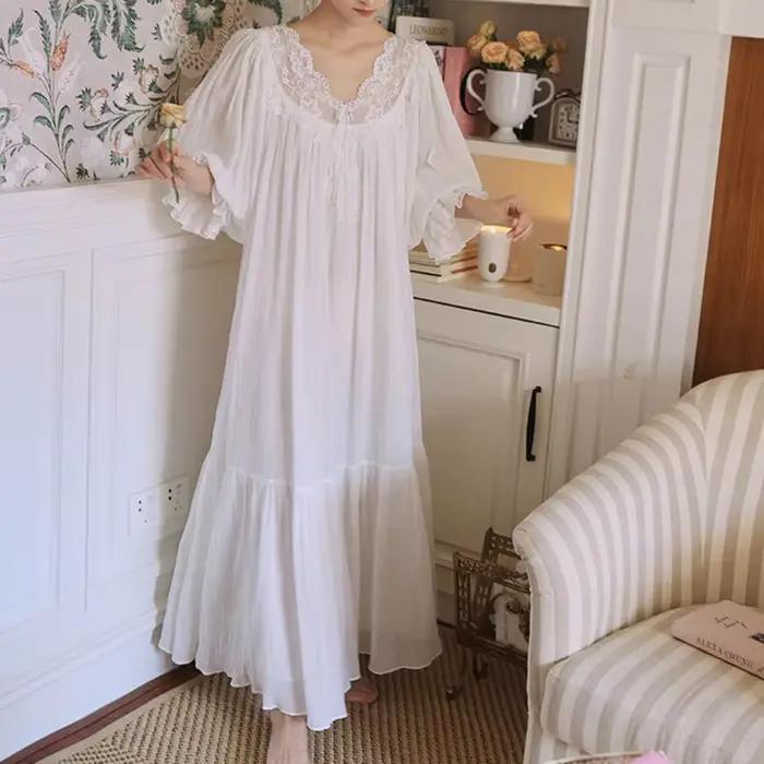 Chemise de nuit en dentelle française sexy à col en V, chemise de nuit blanche, chemise de nuit longue vintage, manches courtes, chemise de nuit en coton, nickel é Scottsdale, été