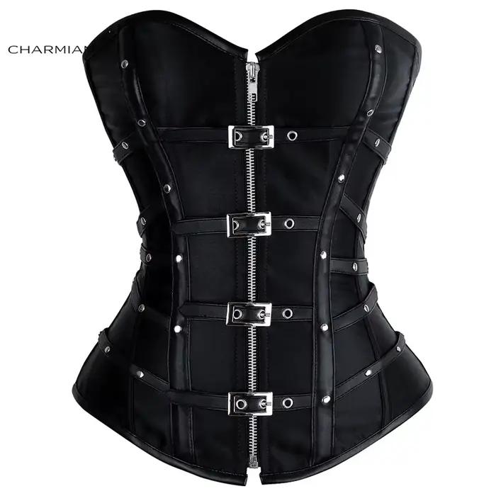 Corset en cuir steampunk Charmian pour femme, sexy, gothique, avec rivets, boucles et fermeture éclair, corset surbuste blindé, grande taille GPVITM