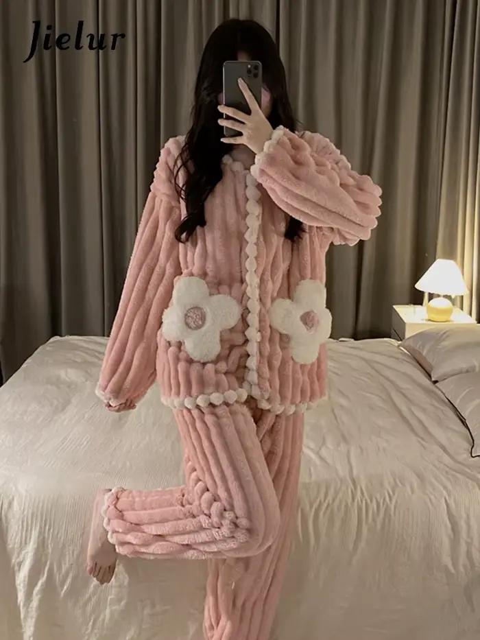 Jielur – pyjama d'hiver en flanelle pour femmes, couleur unie, vêtements chauds, épais, ensemble cardigan, vêtements de nuit, nouvelle collection