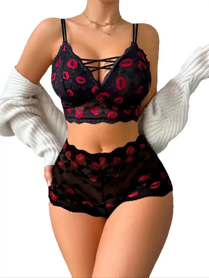 Ensemble de lingerie sexy pour femme avec imprimé lèvres, soutien-gorge camisole en dentelle ajourée sans doublure à bonnets fins sans armatures et culotte transparente