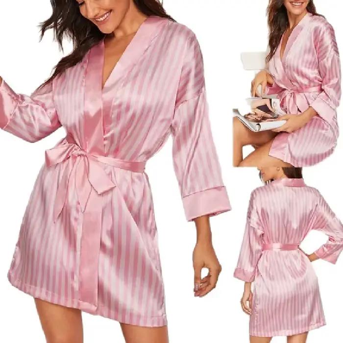 Robe de lingerie sexy pour femmes, satin rayé rose, courte, vêtements de nuit, peignoir, vêtements de maison, demoiselle d'honneur pour femmes, pyjama de fête