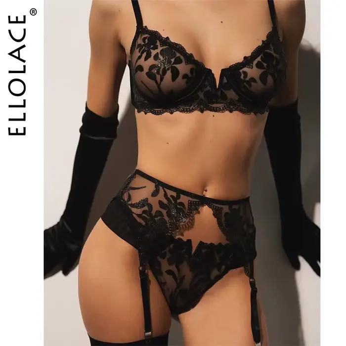 Ellolace Lingeries séduisantes Sexy soutien-gorge Premium chaud 3 pièces ensemble avec gants et bas glamour voir à travers le Kit de broderie intime