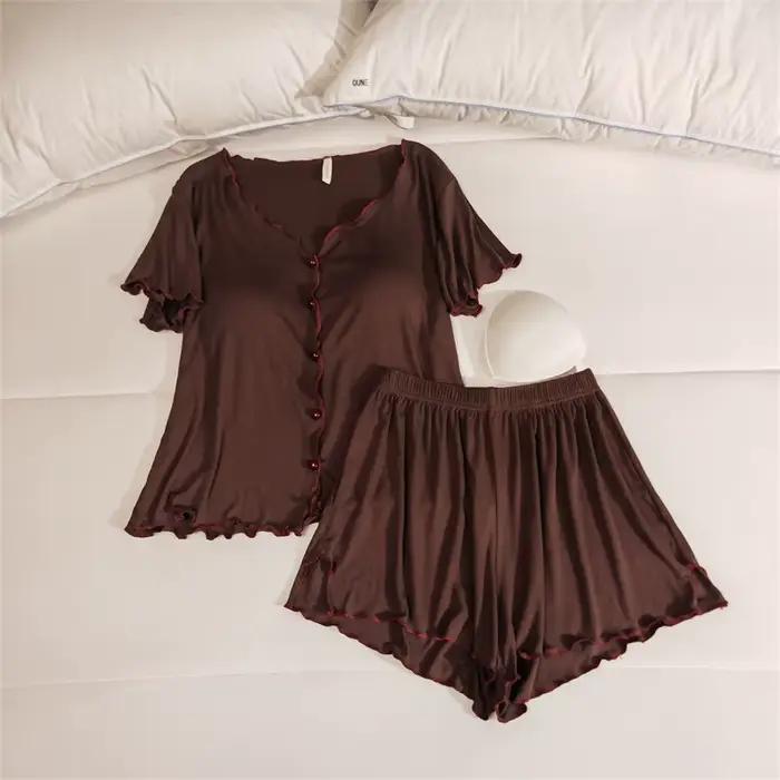 Pyjama à Manches Courtes et Pantalon pour Femme, Ensemble de Vêtements de Nuit, Doux, Modal, avec Coussin de Poitrine, pour la Maison, Nouvelle Collection Printemps Été 2025