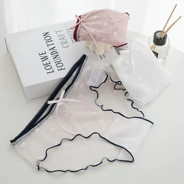 Culotte en dentelle transparente et Sexy pour femme, culotte taille basse, avec ruban, sous-vêtement féminin, L-XL