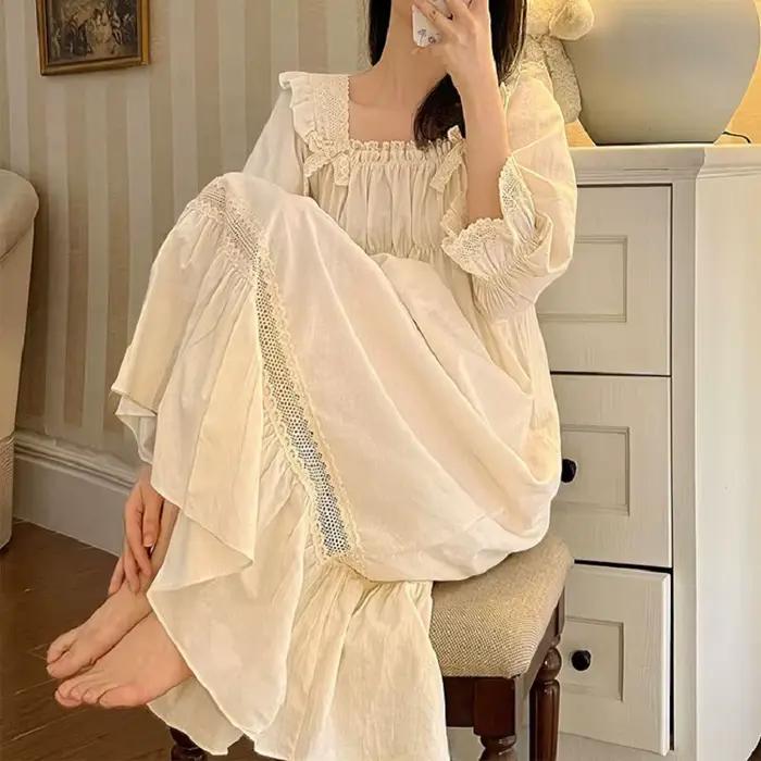 Chemise de nuit brodée vintage à manches longues pour femmes, chemise de nuit confortable, coton doux élégant, nouveau