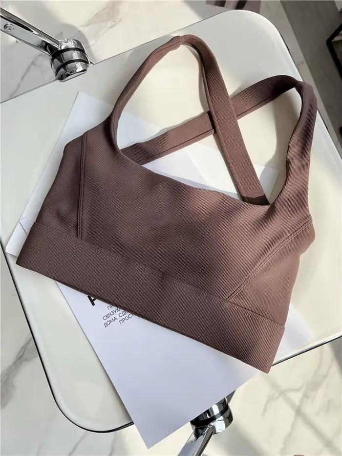 Soutien-gorge de sport croisé, soutien moyen, brossé, gymnastique, Fitness, entraînement, Push Up, avec rembourrage amovible