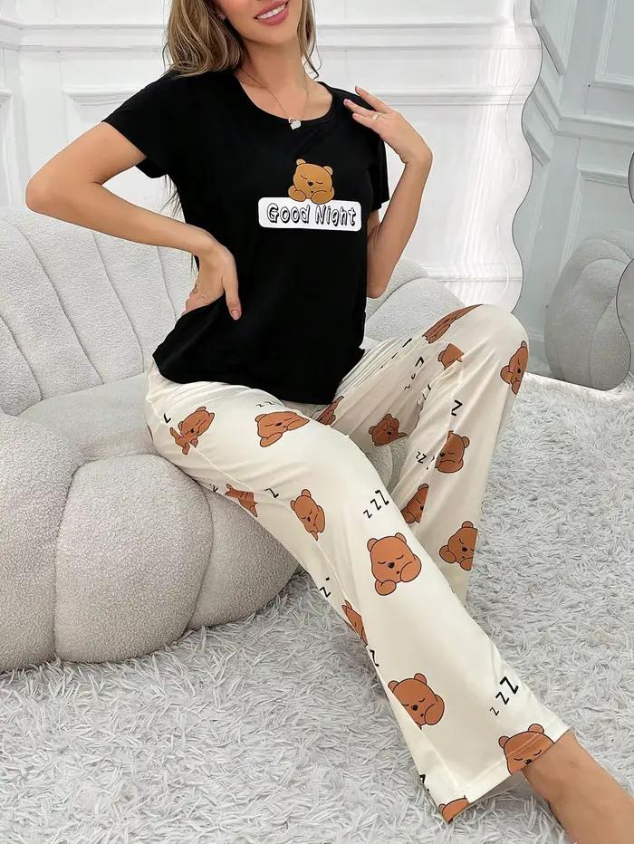 Ensemble 2 pièces de pyjama quatre saisons pour femmes, ensemble pyjama décontracté et mignon imprimé dessin animé, manches courtes, pantalon Long