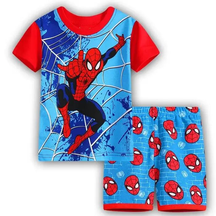 Ensemble pyjama pour garçons Marvel Spiderman à manches courtes, 2 pièces, pyjama de dessin animé Kawaii Spider-man, t-shirt, short, pantalon, cadeau