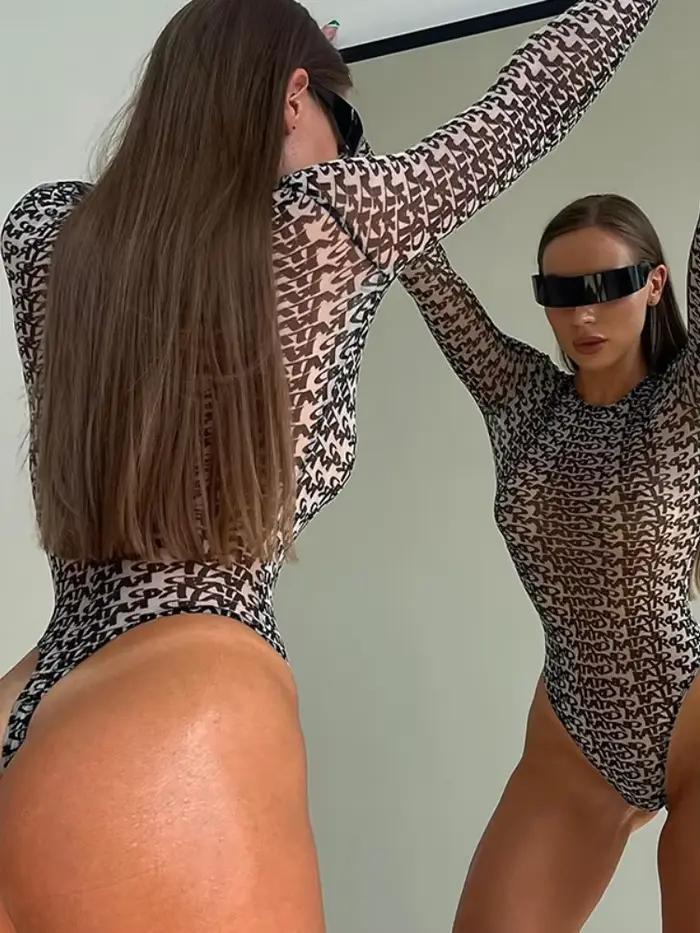 Sexy Body s dlouhými rukávy Jednodílný Bustier Přiléhavý střih Topy Korzet pro ženy Y2k oblečení Kulatý výstřih Dámské prádlo Streetwear