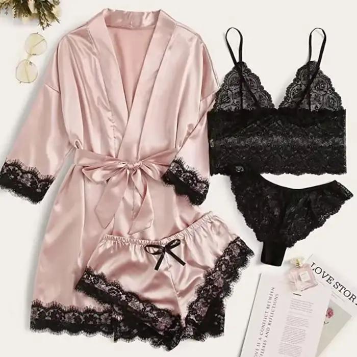 4 pièces femme vêtements de nuit pyjamas Ser avec Robe Sexy dentelle Lingerie peignoir soie Satin maison vêtements de nuit Robe