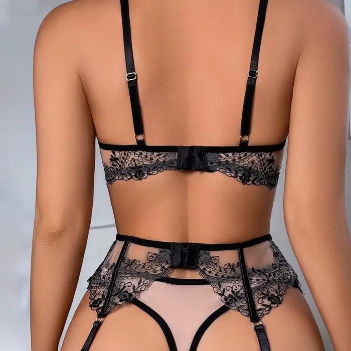 AVELINE-Ensemble de lingerie avec porte-jarretelles pour femme, sous-vêtements en maille, transparent, sexy, amissié, soutien-gorge, culotte, broderie florale, 7.0
