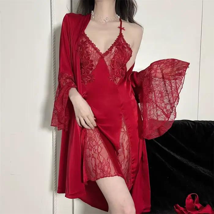 Robe de nuit brodée Sexy pour femmes, ensemble de vêtements de nuit, Patchwork dentelle, rayonne, peignoir décontracté pour la maison, été