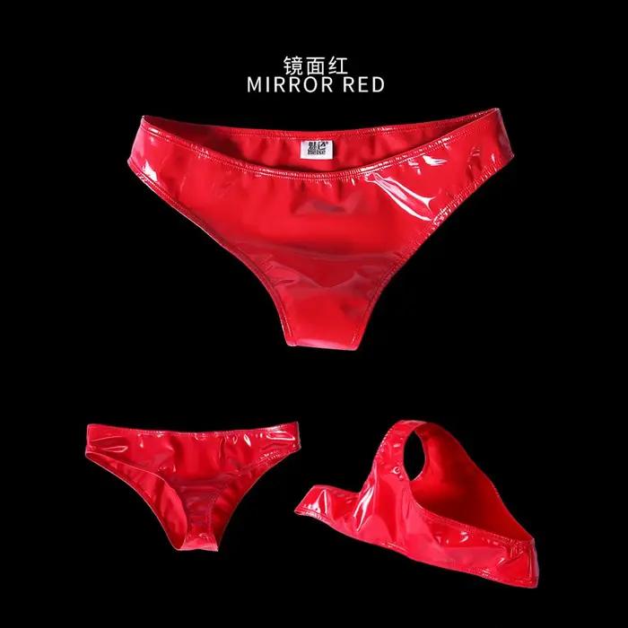 Culotte en cuir à entrejambe en T pour femme, sous-vêtement sexy, grande taille, aspect mouillé, brillant, slip à riz bas, fourche étroite, lingerie amusante