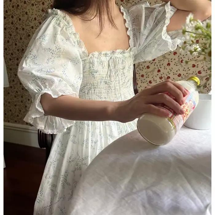 Chemise de nuit d'été à manches courtes, imprimé doux, col carré français, princesse Victoria, 100% coton, nuisette féerique fine