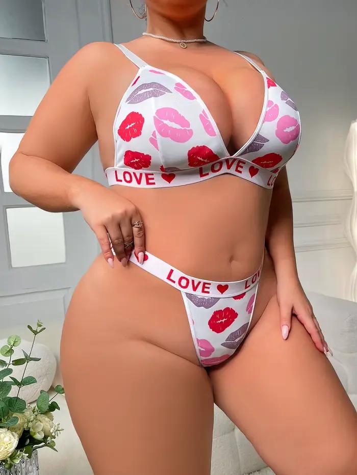 Ensemble de Lingerie Sexy imprimé lèvres pour femmes, Bralette et string à bonnets triangulaires français, sous-vêtements de soutien plus laides