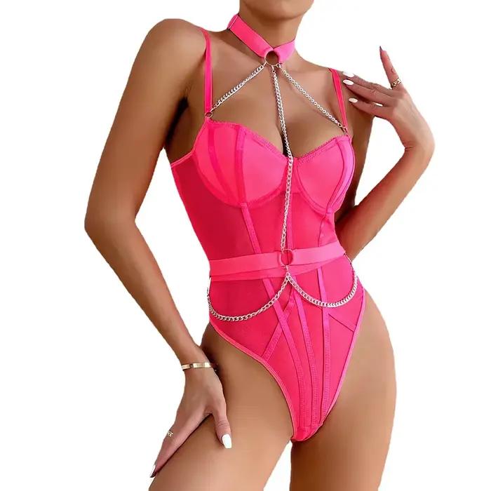 Body de Fitness noir pour femmes, Lingerie Sexy avec chaîne licou, transparent, dos nu, Teddy
