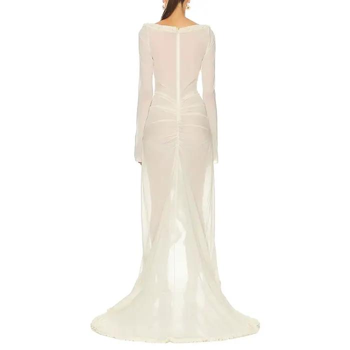 Gaono Sexy femmes nuisette Lingerie à manches longues col en V Chemise maille vêtements de nuit longue robe volants garniture pure robe de nuit