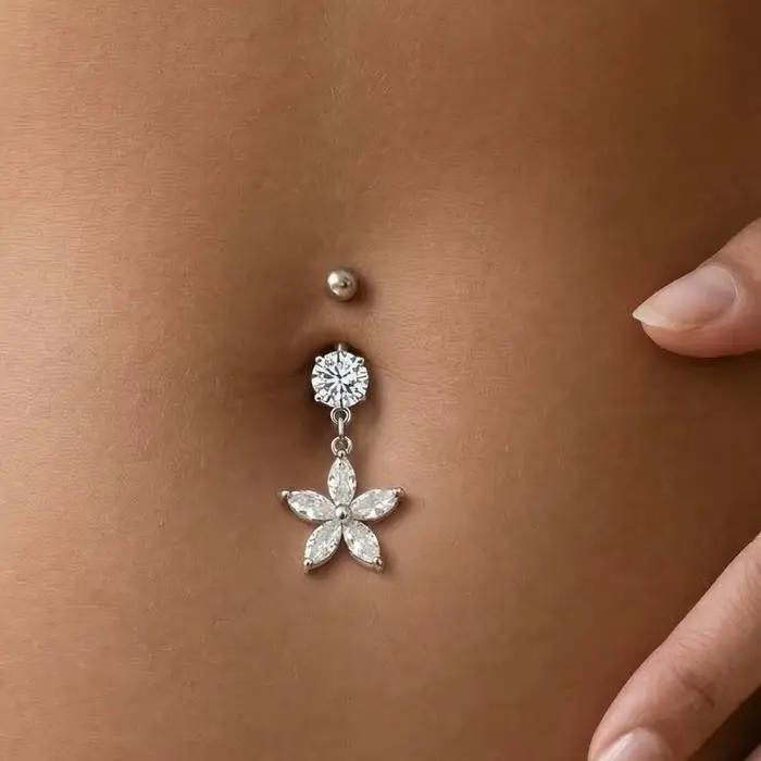 Piercing de nombril en alliage et strass, bicolore, motif fleur d'abricot brillante, design amovible et pendante