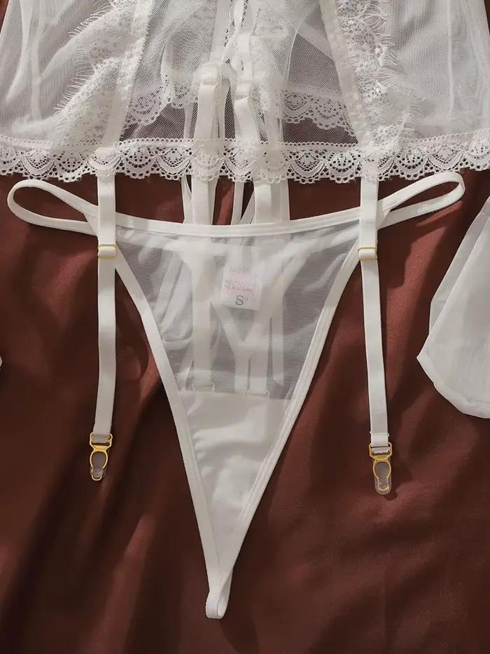 Ensemble de lingerie féminine blanc : Bustier corset sexy, serre-taille avec string, lingerie érotique transparente, babydoll