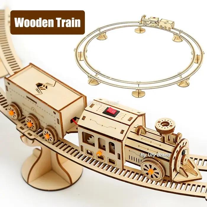 Puzzle 3D Train à vapeur mobile avec rails, jouet électrique à assembler, cadeau pour adulte, kit de construction en bois