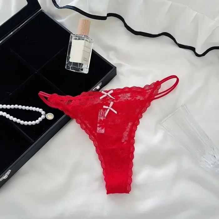 Culotte string transparente en dentelle pour femme, style doux, fines bretelles, sans couture, sous-vêtement en maille avec nœud, pour usage quotidien