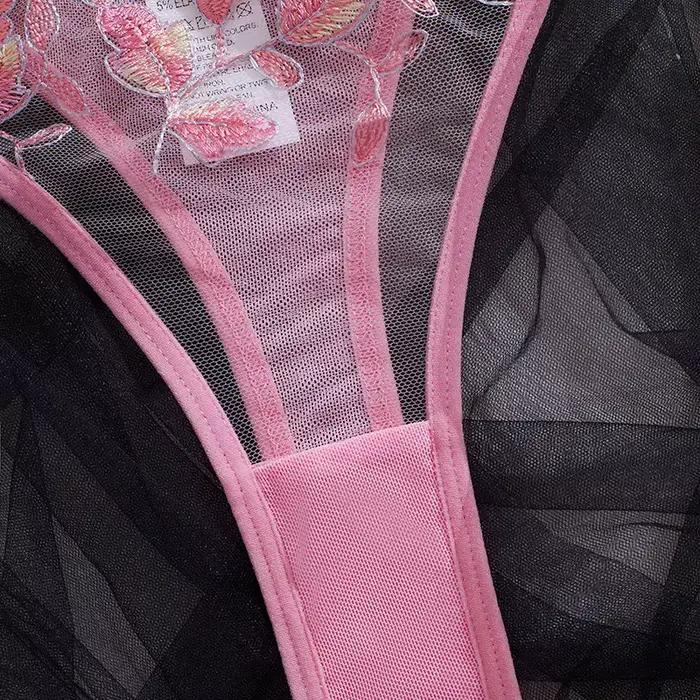 Ensemble de soutien-gorge en dentelle transparente brodée ultra-mince Ensemble de soutien-gorge à bretelles roses Design dos nu froncé confortable et respirant pour les jeunes...