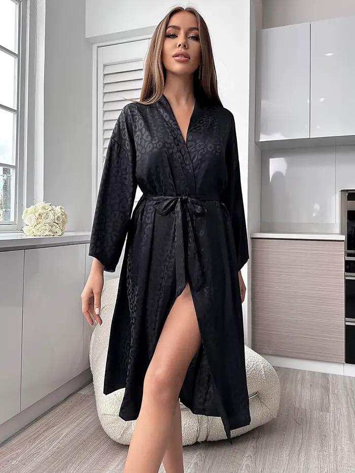 Robe de nuit imprimée léopard, manches longues, col en V, avec ceinture, vêtements de nuit pour femmes