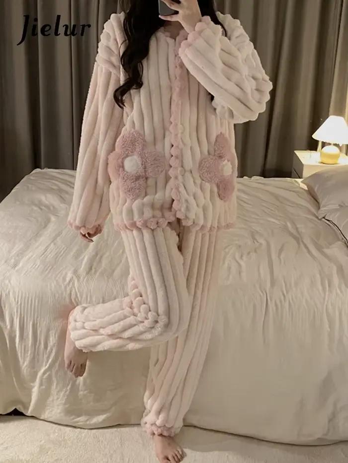 Jielur – pyjama d'hiver en flanelle pour femmes, couleur unie, vêtements chauds, épais, ensemble cardigan, vêtements de nuit, nouvelle collection