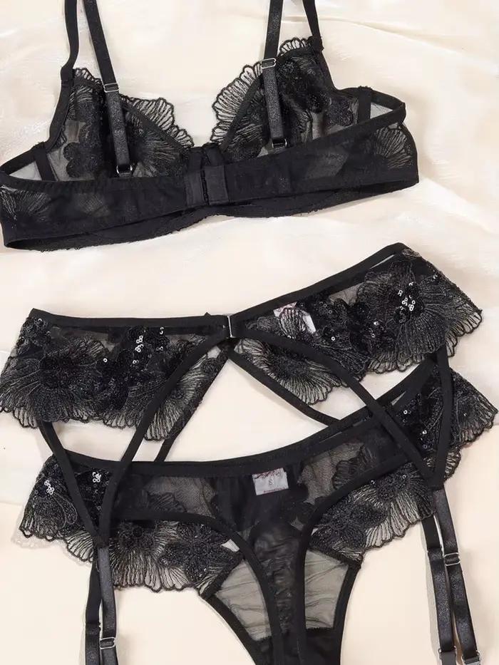 Ensemble de Lingerie Sexy pour femmes, jarretelles en dentelle, soutien-gorge érotique en dentelle florale, culotte courte, Push Up, nuisette Sexy, ensemble de sous-vêtements érotiques