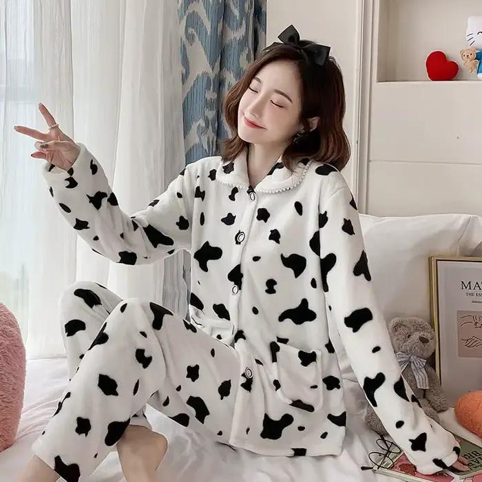 Pyjama chaud en velours de corail pour femme, vêtement de maison, rembourré, épais, en flanelle douce, nouvelle collection automne et hiver
