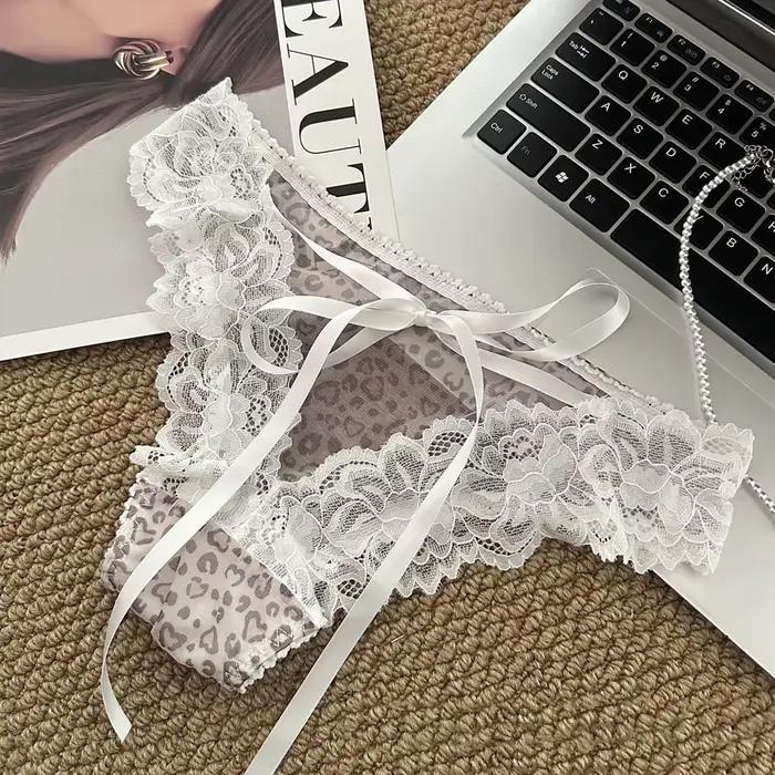 Culottes pour femmes taille basse sexy en pur coton avec dentelle, transparentes, ajourées, nœud papillon, imprimé léopard, respirantes